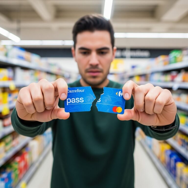 Hombre sonriente rompiendo tarjeta Carrefour Pass - Victoria legal anulación