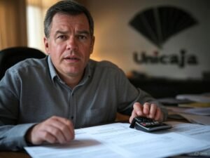 Afectado por cláusula suelo revisando su contrato hipotecario con calculadora en mano.