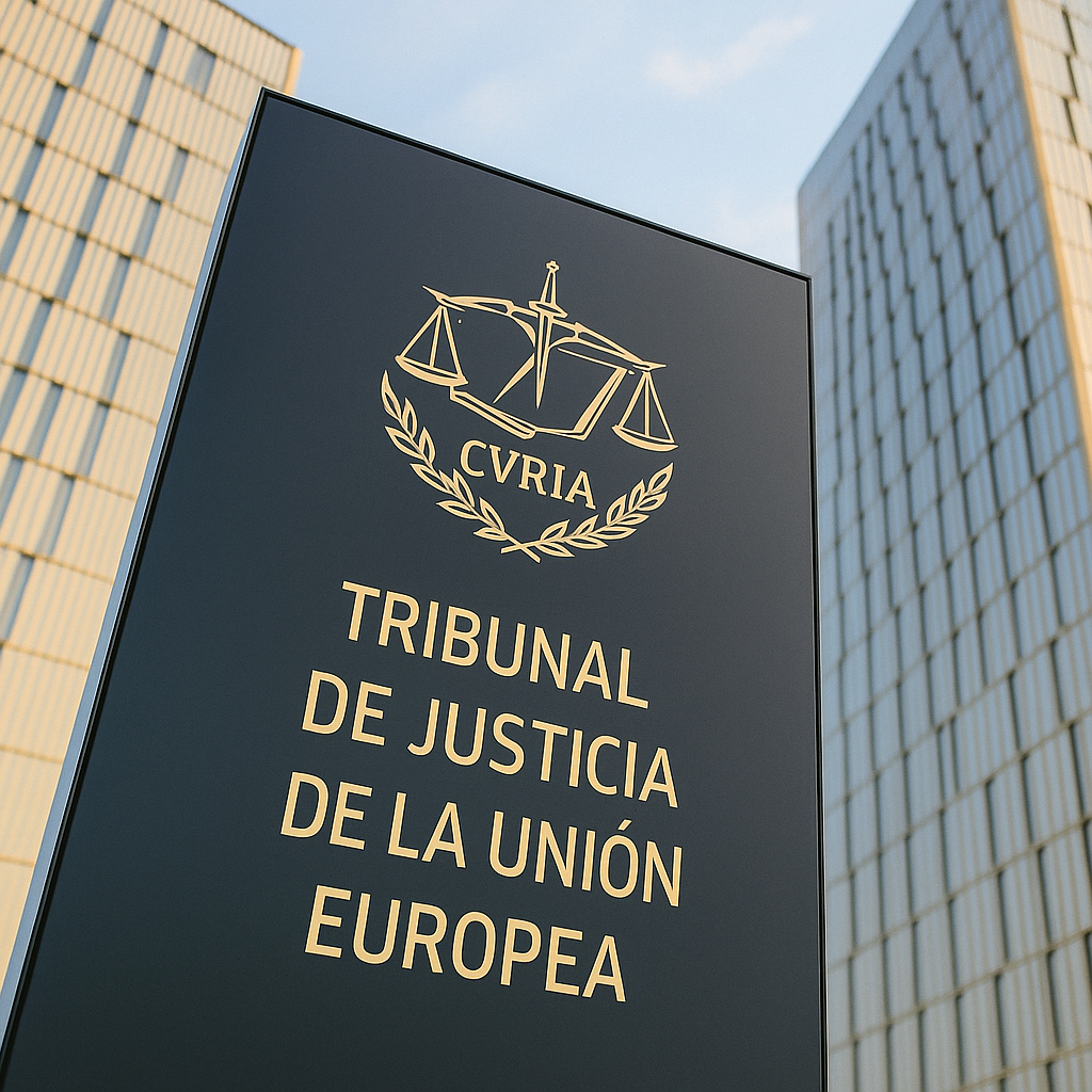 Cartel oficial del Tribunal de Justicia de la Unión Europea frente a sus edificios en España