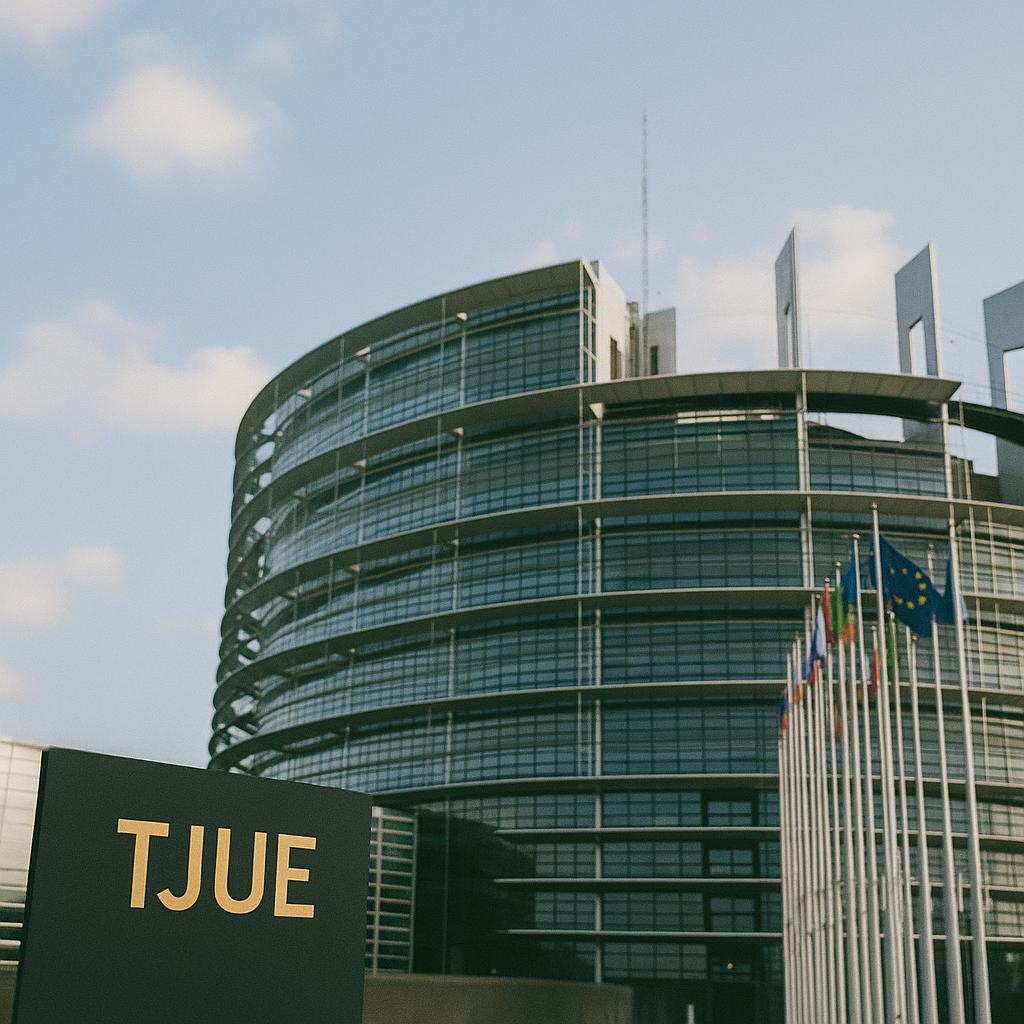 Cartel oficial del Tribunal de Justicia de la Unión Europea frente a sus edificios en España