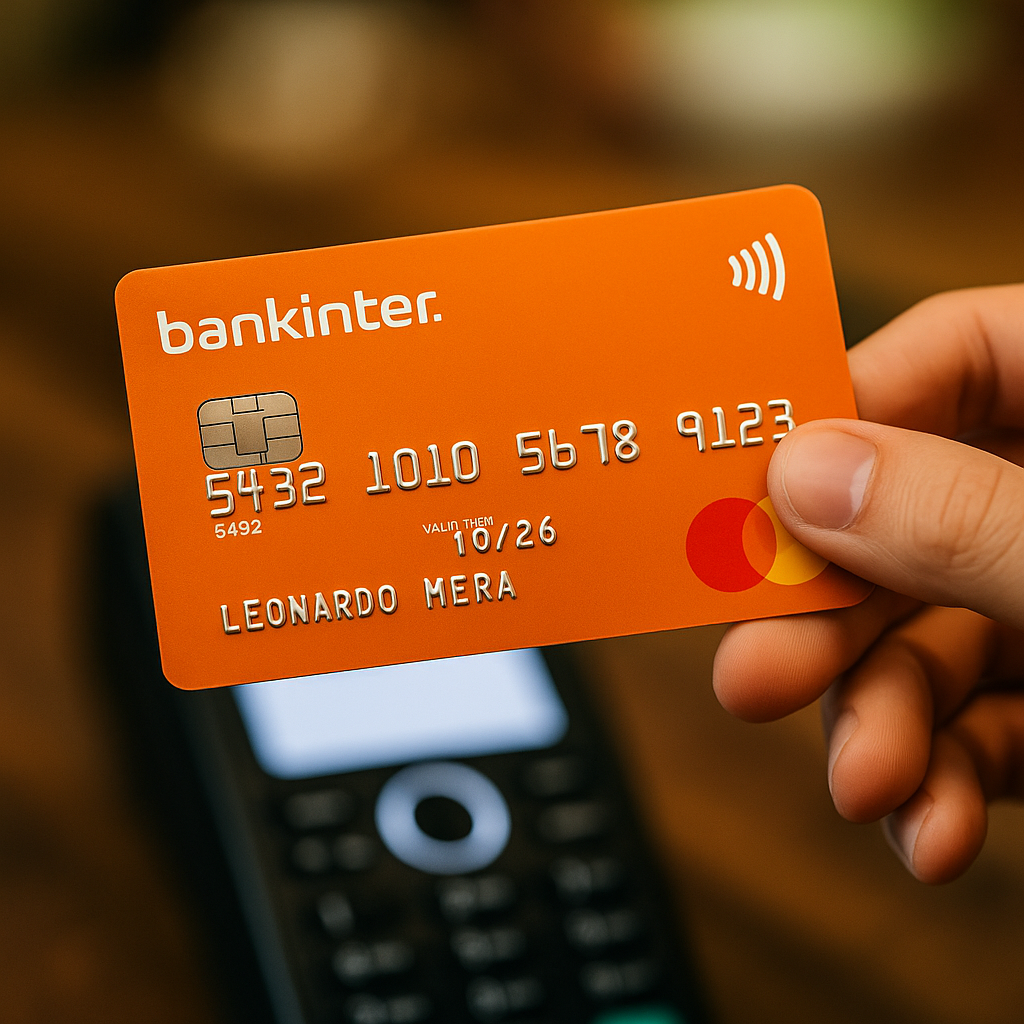 Hombre preocupado sostiene una tarjeta Bankinter Combo con la mano