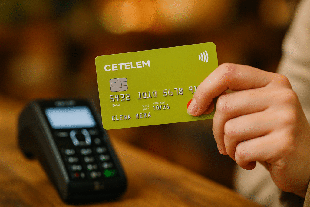 Hombre preocupado mostrando tarjeta revolving de Cetelem