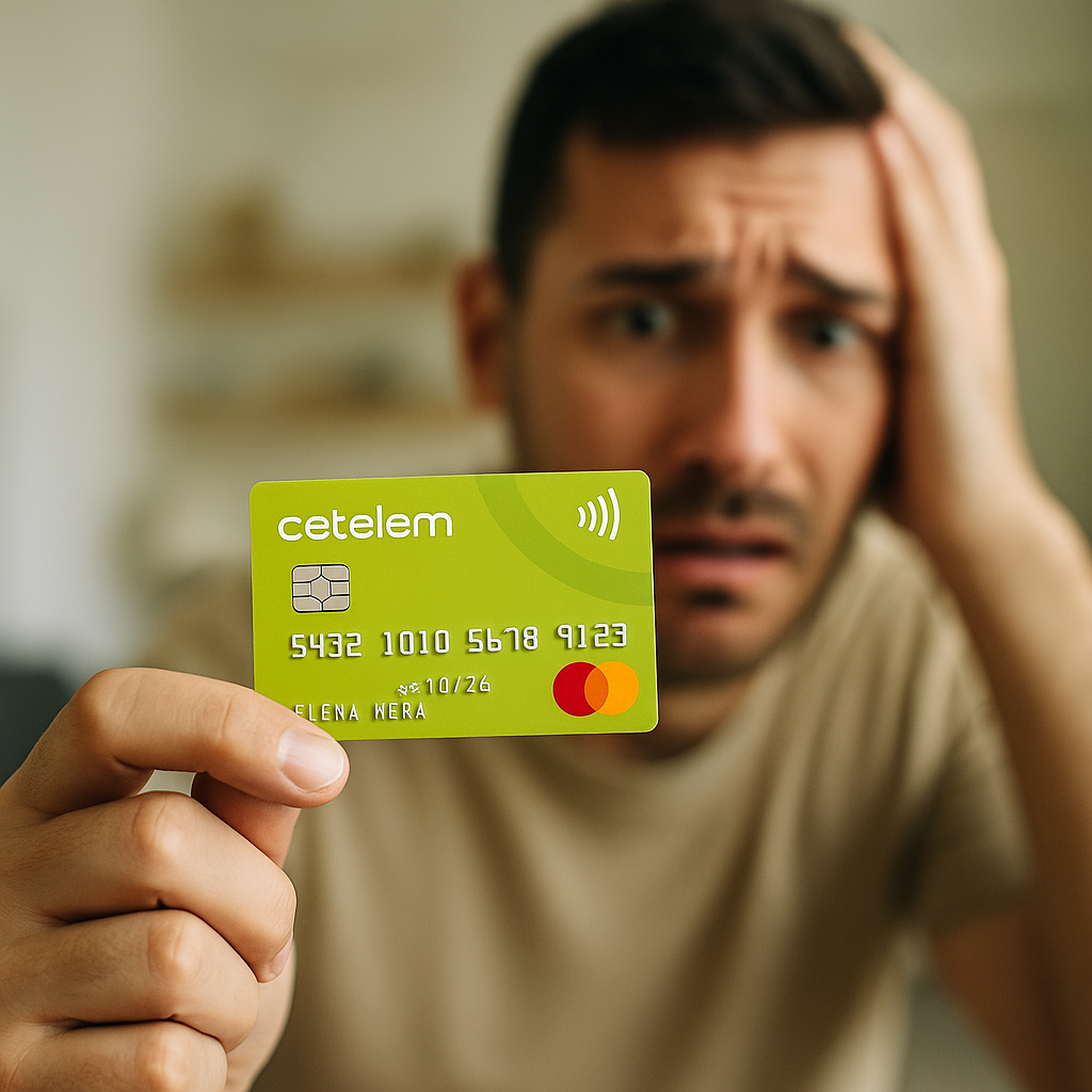 Hombre preocupado mostrando tarjeta revolving de Cetelem