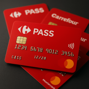 Tarjeta de crédito Carrefour Pass roja con chip dorado, números en relieve y logotipo Mastercard, colocada sobre otras tarjetas similares en una superficie oscura.