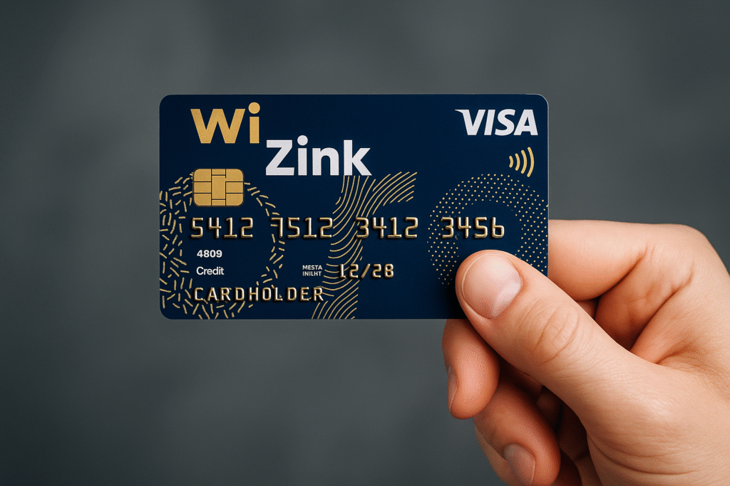 Mano sosteniendo tarjeta WiZink VISA, símbolo de crédito revolving con chip dorado y diseño corporativo, relacionada con cancelación y reclamaciones legales.