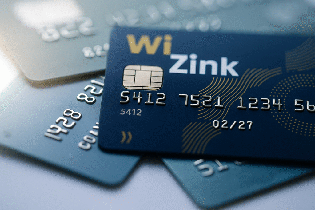 Tarjeta de crédito WiZink azul con chip y números en relieve, apilada sobre otras tarjetas. Representa casos legales para cancelar tarjeta revolving WiZink.
