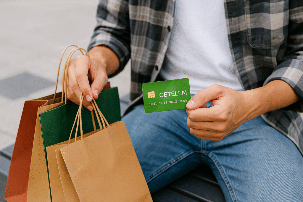 Hombre joven sentado con bolsas de compra y tarjeta de crédito verde de Cetelem en la mano