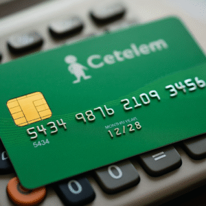 Macro de tarjeta de crédito Cetelem enfocada en los números en relieve, ideal para contenidos sobre intereses abusivos Cetelem