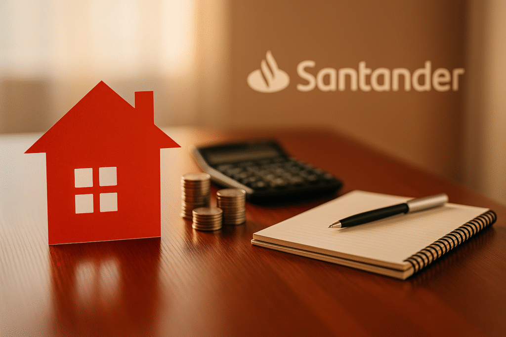 Casa en miniatura sobre columnas de monedas apiladas con el logotipo del Banco Santander al fondo, simbolizando los gastos de hipoteca Santander.