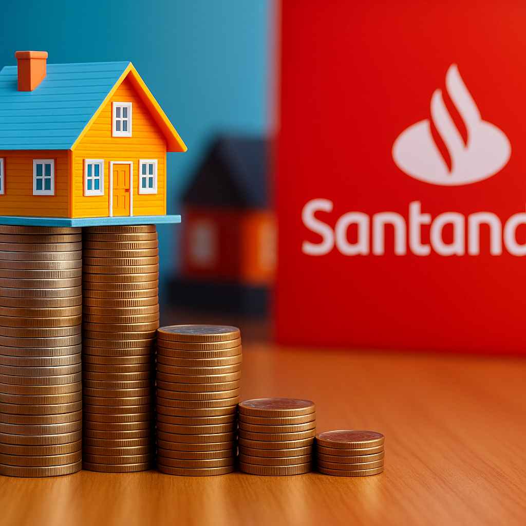 Casa en miniatura sobre columnas de monedas apiladas con el logotipo del Banco Santander al fondo, simbolizando los gastos de hipoteca Santander.