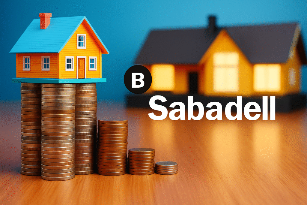Casa en miniatura sobre columnas de monedas doradas frente al logotipo de Banco Sabadell, representando los gastos de hipoteca Sabadell.