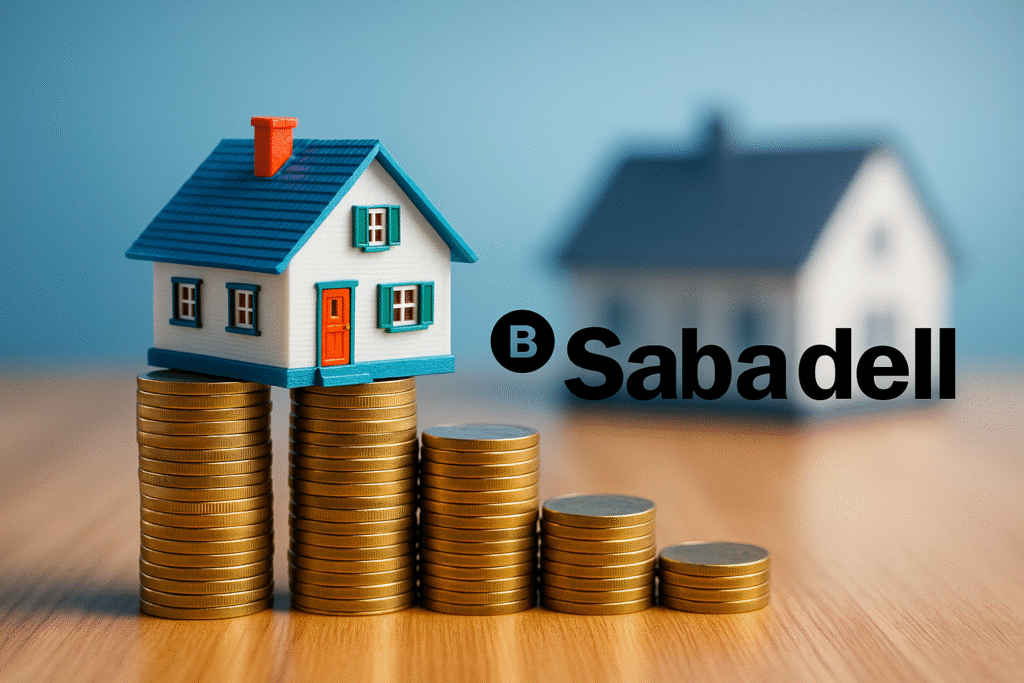 Casa en miniatura sobre columnas de monedas doradas frente al logotipo de Banco Sabadell, representando los gastos de hipoteca Sabadell.