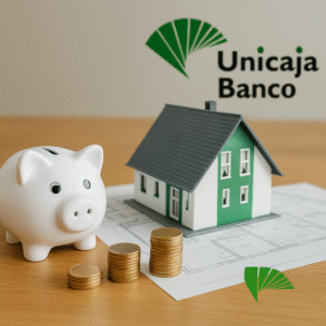 Hucha blanca con detalles verdes junto a una casa en miniatura con tejado verde y una calculadora, representando los gastos de hipoteca Unicaja.