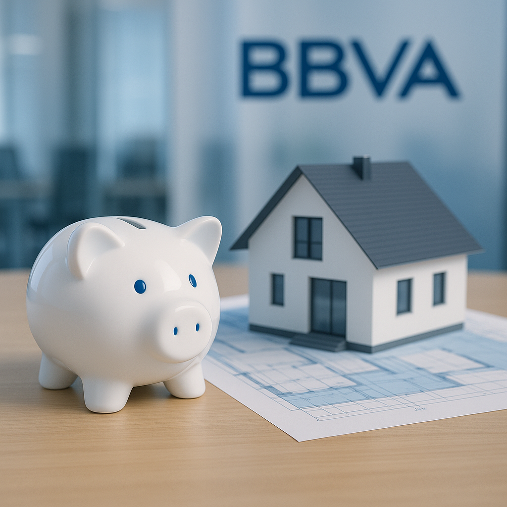 Hucha blanca con monedas apiladas, maqueta de casa sobre plano arquitectónico y cartel de BBVA al fondo, simbolizando los gastos de hipoteca BBVA.