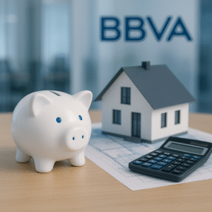 Hucha blanca con monedas apiladas, maqueta de casa sobre plano arquitectónico y cartel de BBVA al fondo, simbolizando los gastos de hipoteca BBVA.