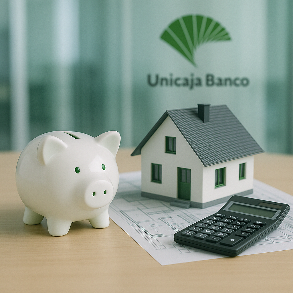 Hucha blanca con detalles verdes junto a una casa en miniatura con tejado verde y una calculadora, representando los gastos de hipoteca Unicaja.