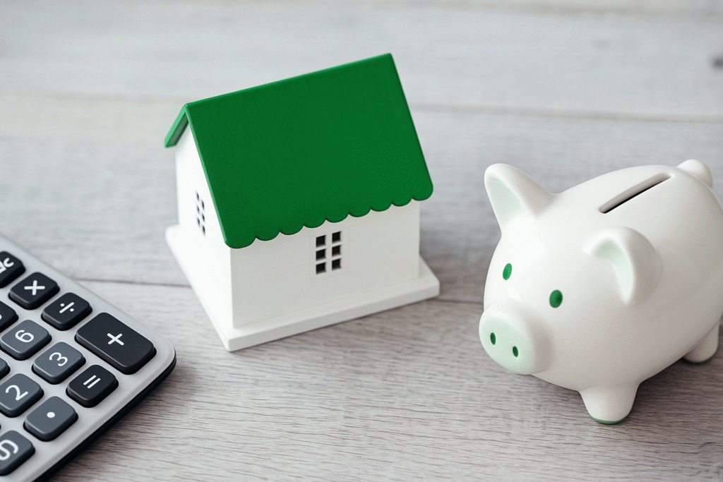 Hucha blanca con detalles verdes junto a una casa en miniatura con tejado verde y una calculadora, representando los gastos de hipoteca Unicaja.