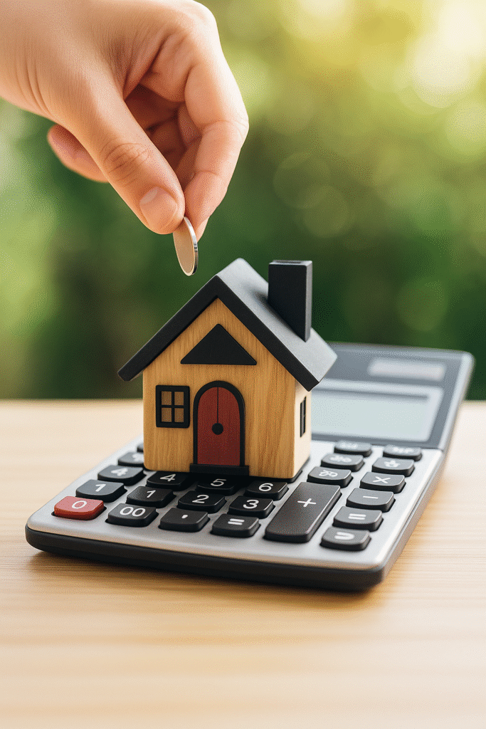 Persona usando calculadora junto a una maqueta de casa, monedas apiladas y planos, con el logotipo de Kutxabank al fondo, ilustrando los gastos de hipoteca Kutxabank.