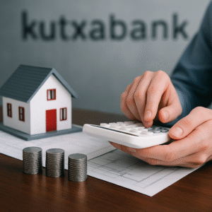Persona usando calculadora junto a una maqueta de casa, monedas apiladas y planos, con el logotipo de Kutxabank al fondo, ilustrando los gastos de hipoteca Kutxabank.