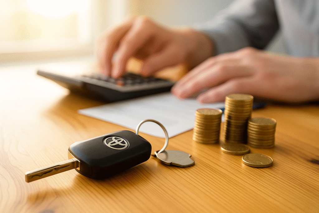 Llave de coche Toyota sobre una mesa junto a monedas apiladas y manos usando una calculadora, representando el cartel de los coches Toyota y su gestión económica.