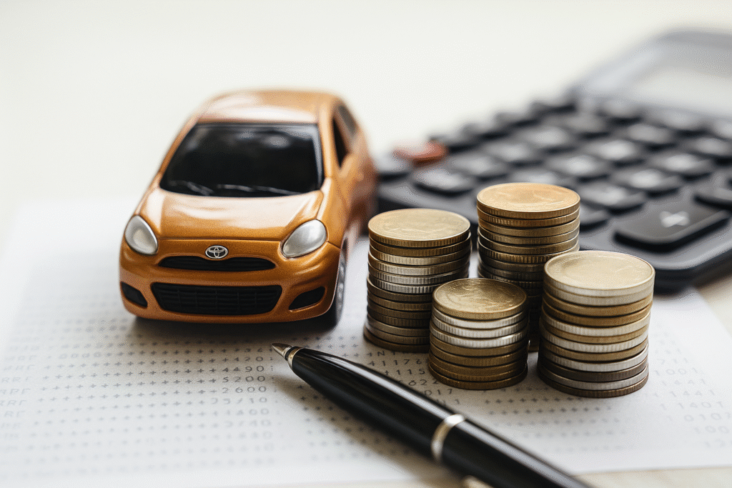 Llave de coche Toyota sobre una mesa junto a monedas apiladas y manos usando una calculadora, representando el cartel de los coches Toyota y su gestión económica.