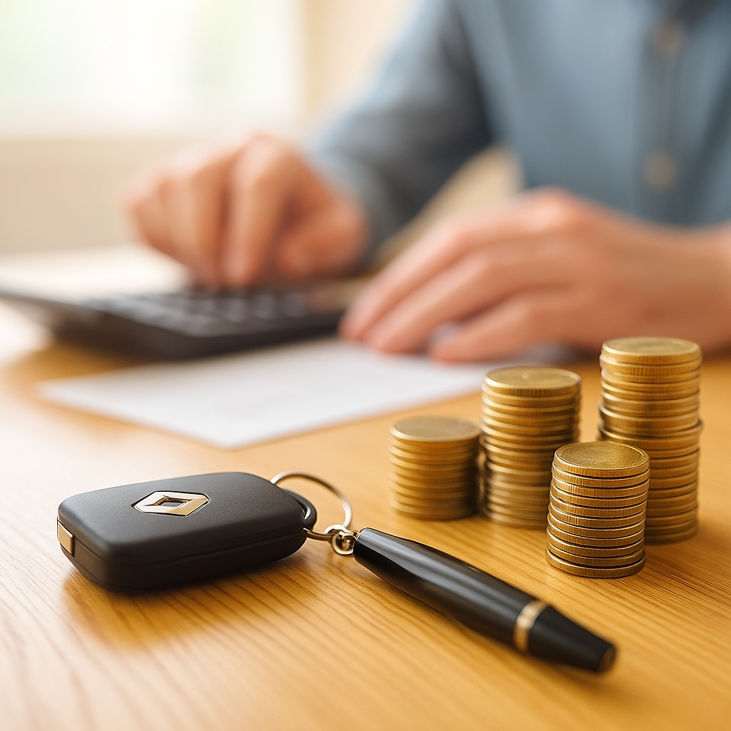 Llave de coche Renault sobre una mesa con monedas apiladas, bolígrafo y persona usando calculadora al fondo, representando el cartel de los coches Renault y gestión financiera.