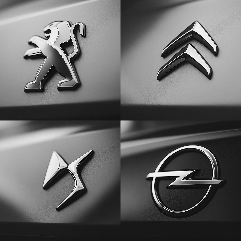 Montaje de cuatro logotipos metálicos sobre fondo gris: Peugeot, Citroën, DS Automobiles y Opel, representando el cartel de los coches PSAG.