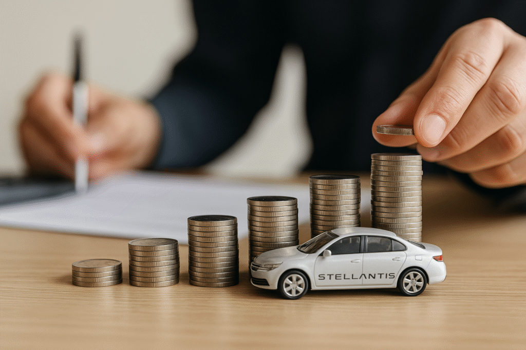 Filas ascendentes de monedas apiladas frente a un coche en miniatura y el logotipo de Stellantis, simbolizando el cartel de los coches Stellantis y su estrategia económica.