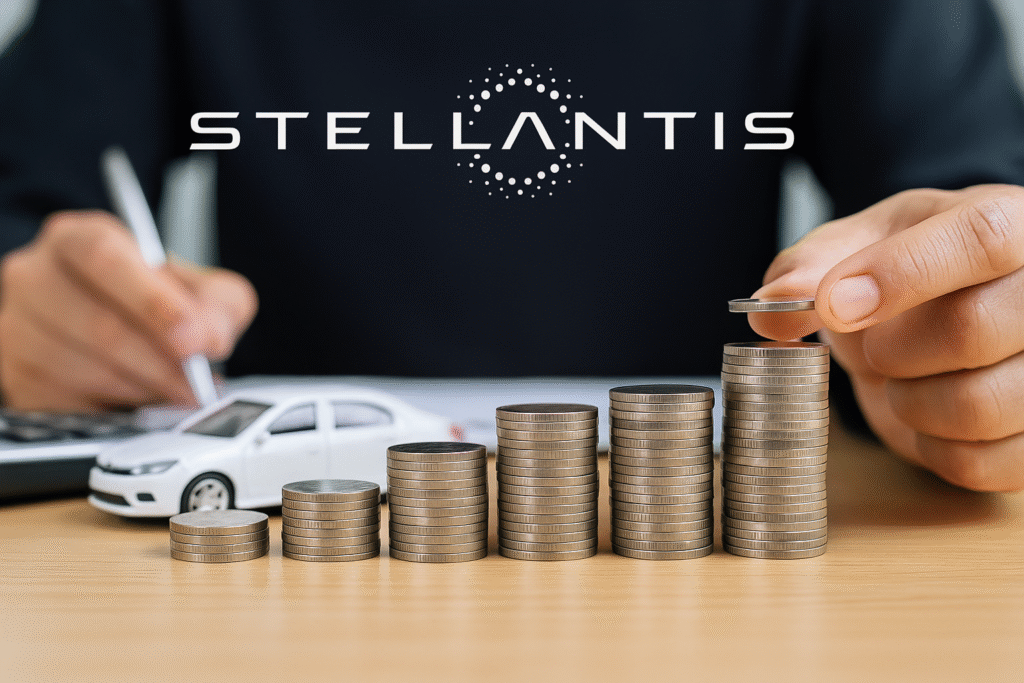 Filas ascendentes de monedas apiladas frente a un coche en miniatura y el logotipo de Stellantis, simbolizando el cartel de los coches Stellantis y su estrategia económica.
