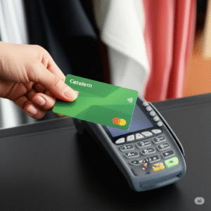 Tarjetas del Banco Cetelem junto a terminal de pago