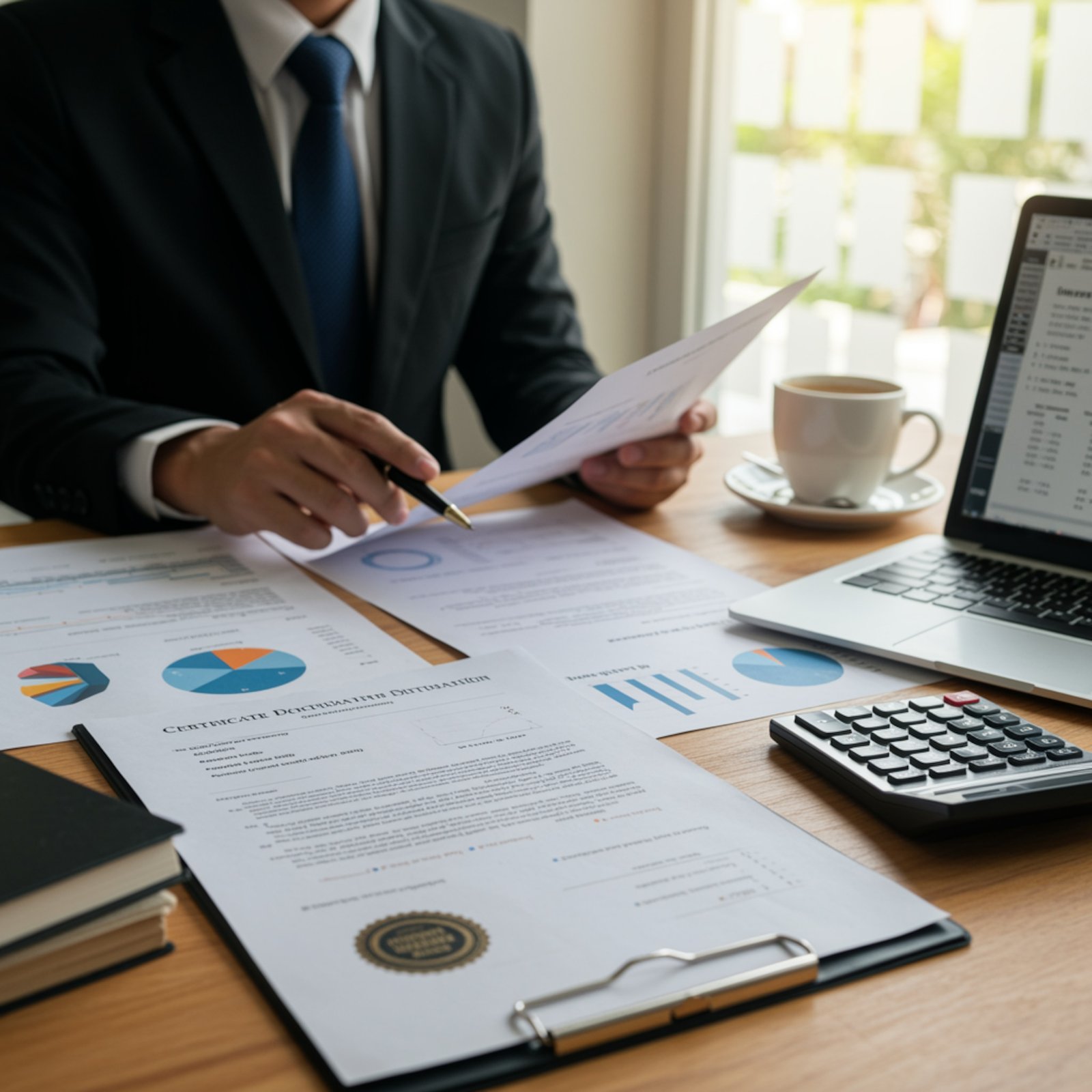 Documentación y cálculo de pasivo insatisfecho paso a paso Mesa ordenada con certificados, balances, calculadora y laptop mostrando un cálculo de pasivo insatisfecho.