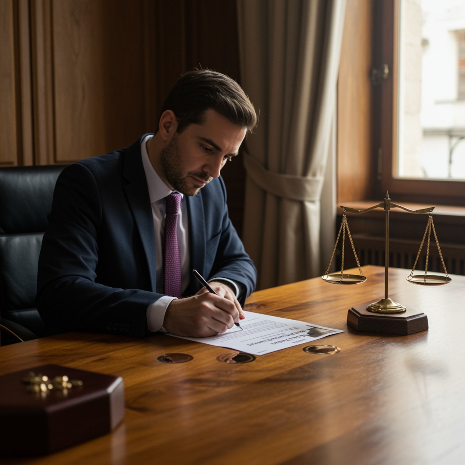 Ley de Segunda Oportunidad 2025: alivio de deudas para autónomos Autónomo firmando documentos de la Ley de Segunda Oportunidad en un escritorio con balanza y mazo judicial