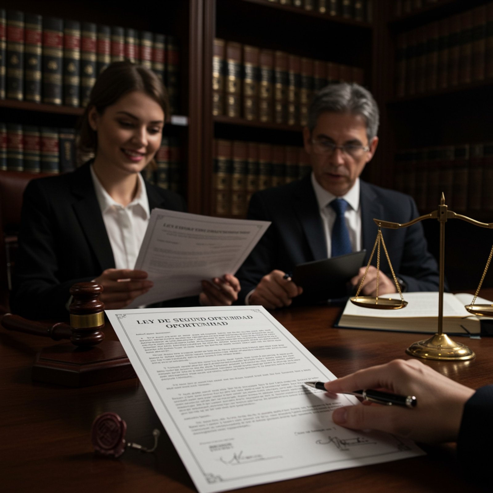 Recupera tu estabilidad con la Ley de Segunda Oportunidad Persona con abogado y documentos de la Ley de Segunda Oportunidad sobre un escritorio iluminado