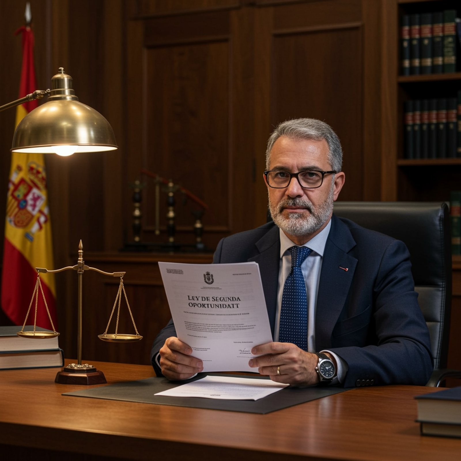 Revisión de documentos Ley de Segunda Oportunidad Persona revisando documentos de la Ley de Segunda Oportunidad con un mazo de juez y balanza en escritorio