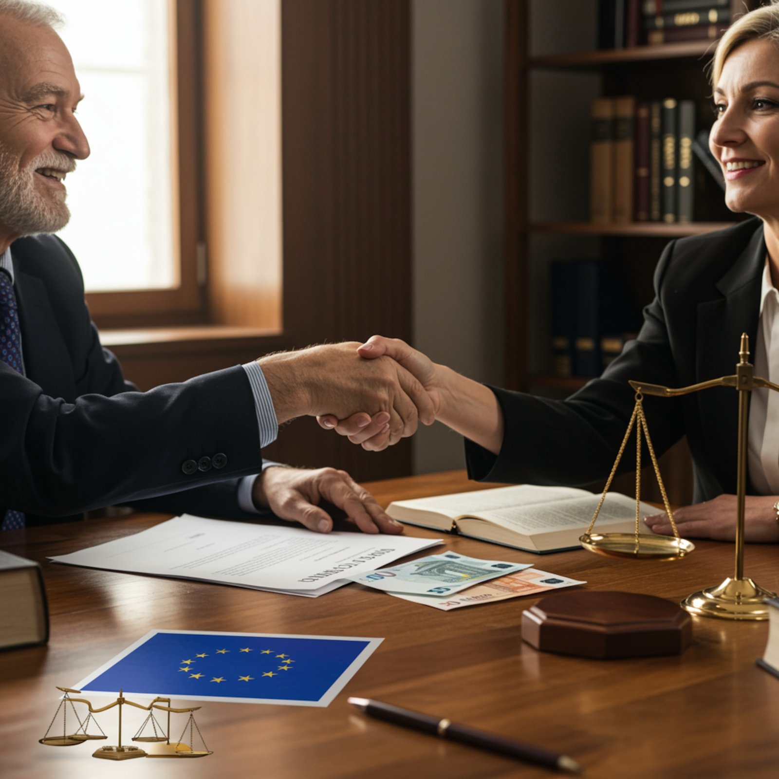 Equidad en pensiones tras sentencia europea Jubilado recibe complemento de pensión con balanza de justicia de fondo, representando la brecha de género superada.