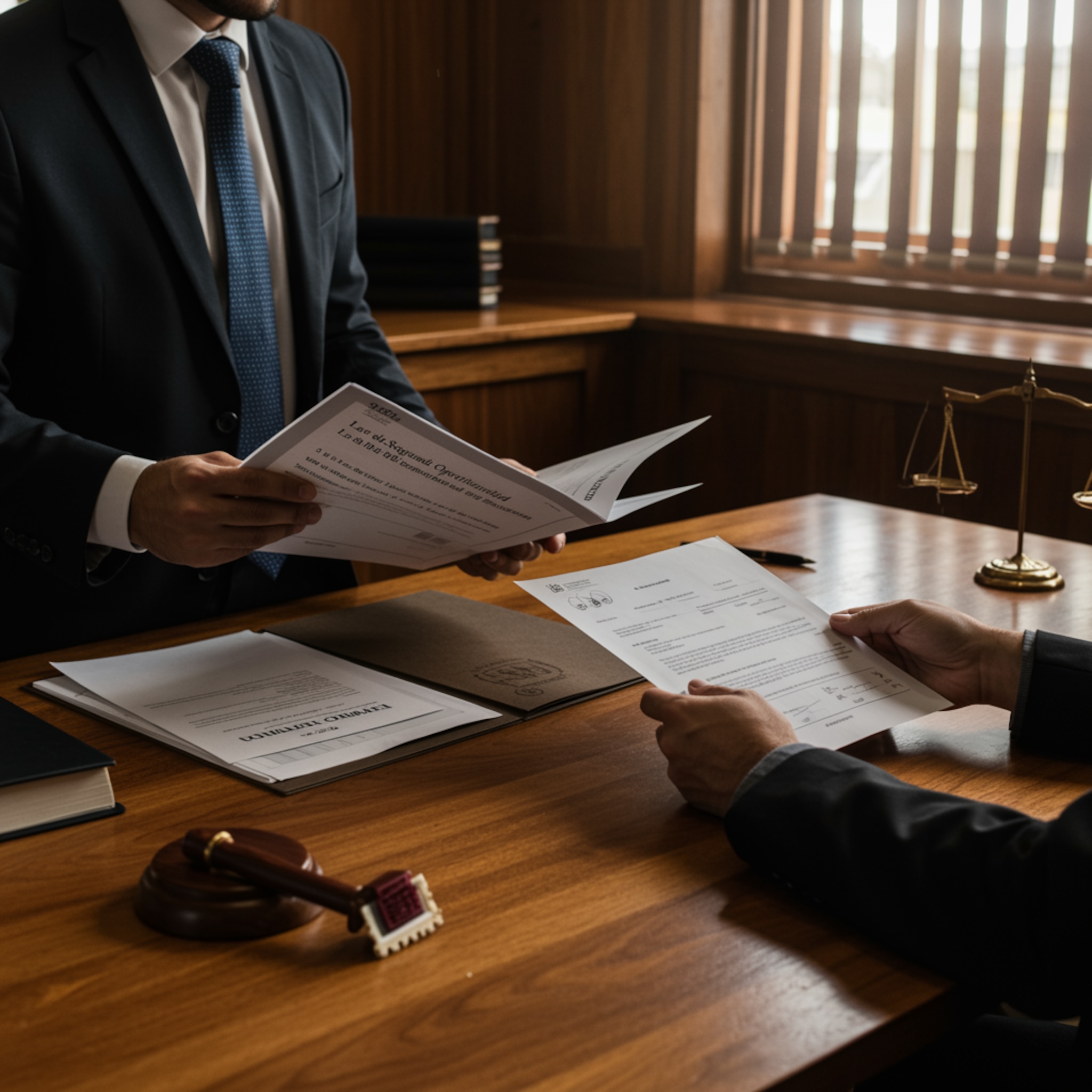 Abogado y cliente presentan la solicitud de Ley de Segunda Oportunidad con documentos legales en un despacho judicial.