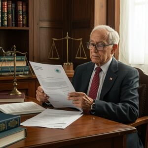 Hombre jubilado revisa documentos del complemento de brecha de género junto a una balanza de justicia y estantería legal.