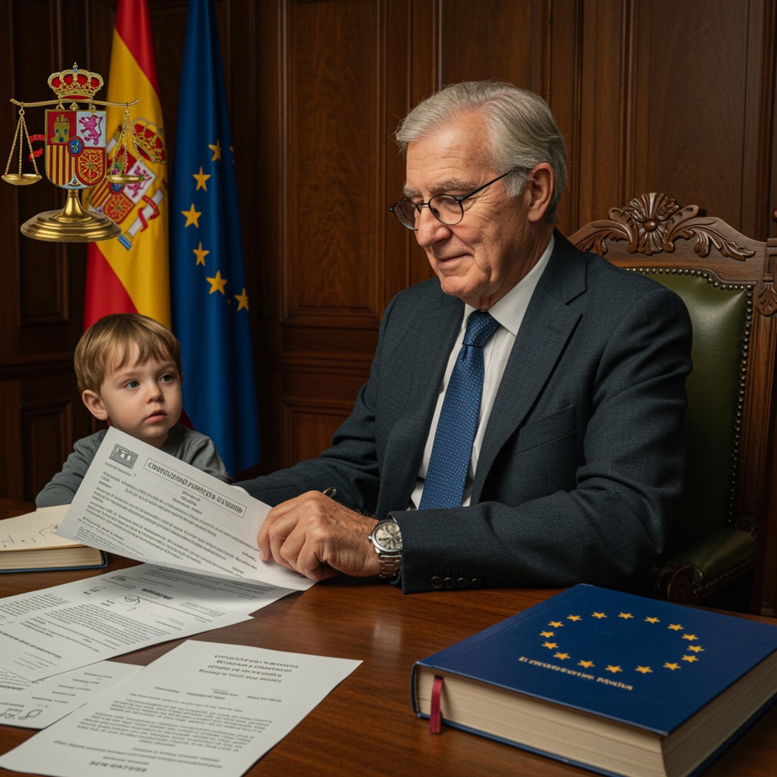 Padre jubilado con su hijo revisando papeles de pensión y balanza de justicia, simbolizando la brecha de género