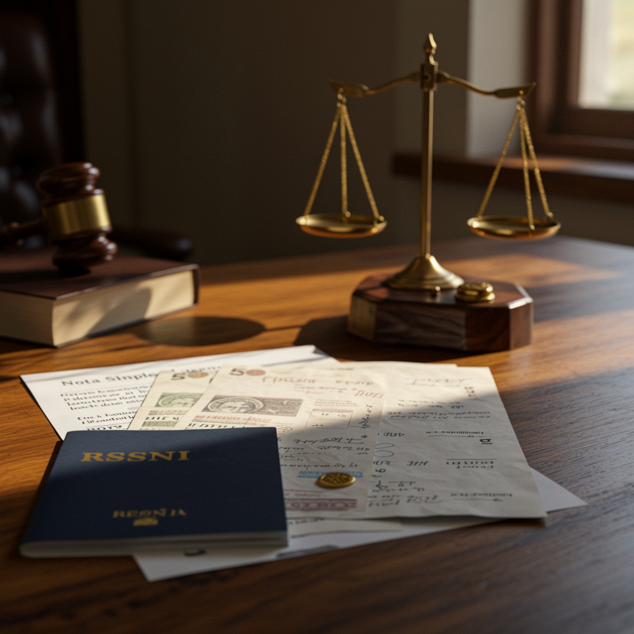 Documentos esenciales para trámite judicial Mesa con documentos para la Ley de Segunda Oportunidad, DNI, nóminas, extractos bancarios y mazo de juez en despacho moderno