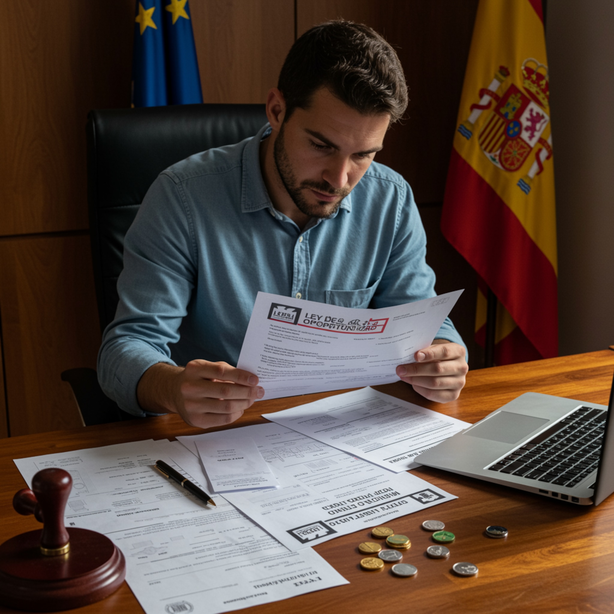 Persona revisando documentos de la Ley de Segunda Oportunidad en su despacho con expresión de alivio