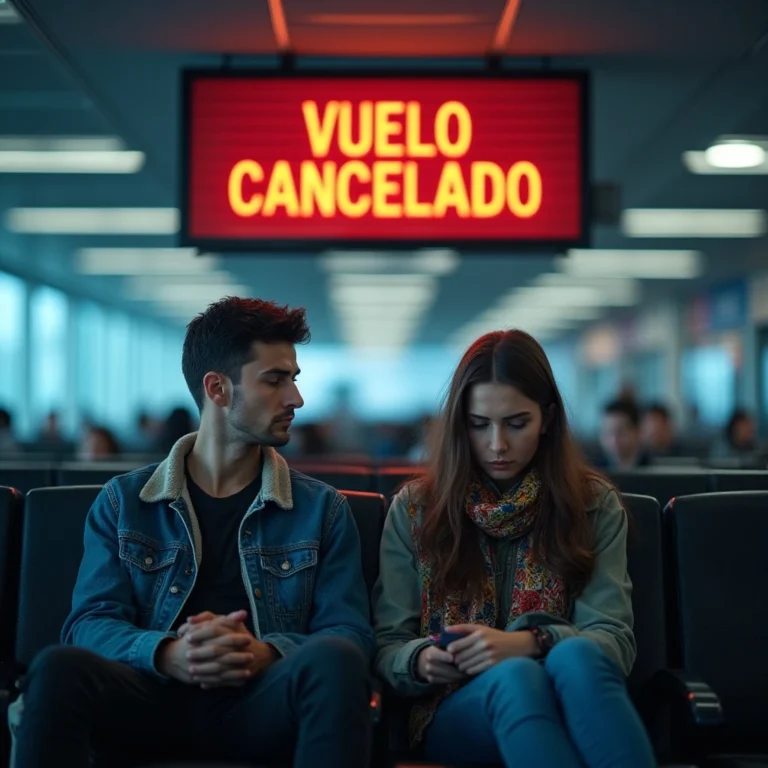 ¿Tu vuelo ha sido cancelado? Tienes derecho a reclamar una indemnización. Contáctanos. Pasajeros frustrados esperando en el aeropuerto frente a una pantalla de 'Vuelo Cancelado', un motivo claro para reclamar.