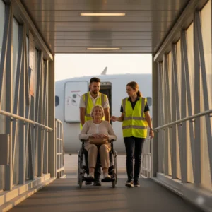 Agente guía a pasajera en silla eléctrica por el finger hacia el avión al atardecer; Vueling condenada por impedir volar