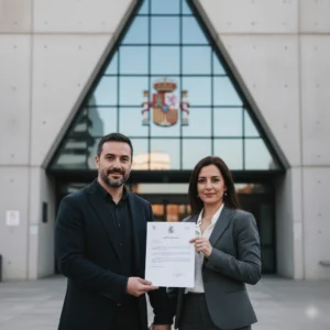 Deudor y abogada saliendo del Juzgado de lo Mercantil de Murcia tras lograr la exoneración de deudas en 25 días"