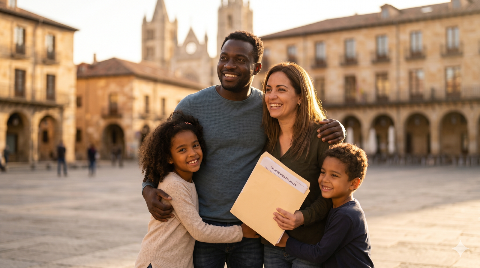 Familia de extranjeros abrazada tras obtener la residencia por arraigo extraordinario