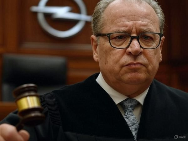 Juez en Juicio contra Opel con Logo Visible» Juez golpeando un mazo en un juicio contra Opel, con el logo de la marca claramente visible en el fondo, escena realista en tribunal."