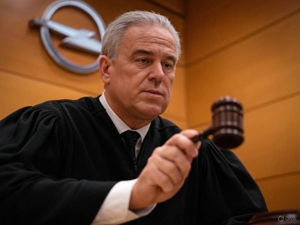 Juez en Juicio contra Opel con Logo Visible» Juez golpeando un mazo en un juicio contra Opel, con el logo de la marca claramente visible en el fondo, escena realista en tribunal.